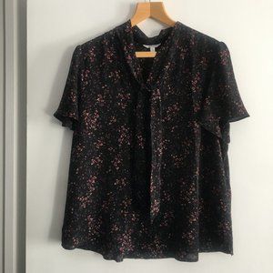 Reitmans Printed Bow Tie Neck Blouse - Black Floral, Size XL